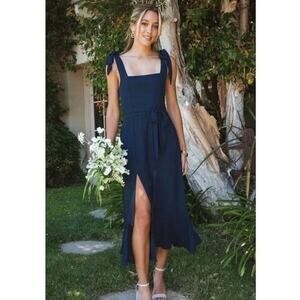 Show Me Your Mumu Clair Mid Dress Blue Grey Medium Smocked Back Dquare Neck Slit